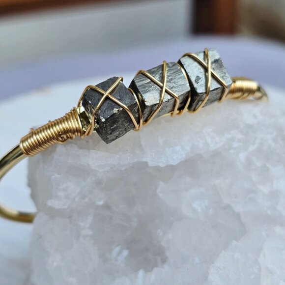 Raw Pyrite Wire Wrap Cuff w/ 14Kt Gold Over Copper – Handmade & Adjustable - Picture 3 of 10